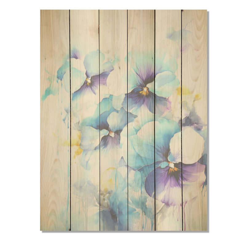 Bleu et mauve Blossum Harmony Pansies Bouquet - Art sur bois de pin naturel, H 32 po x l 24 po