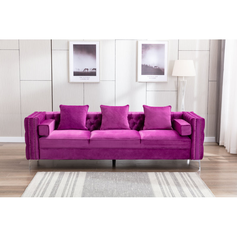 Oyler 104" Velvet Tuxedo Arm Sofa, Violet