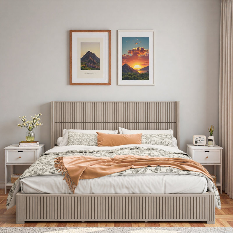 Lit plateforme en bois avec décoration grain de bois vertical, Beige, Très grand lit