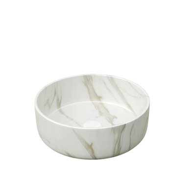 14-Inch Round Vessel Ceramic Sink, Stone Pattern, Matte White, Suitable For Countertops 13.95-Inch Bathroom Sink With Various