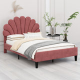 Upholstered Platform Bed With Flower Pattern Headboard