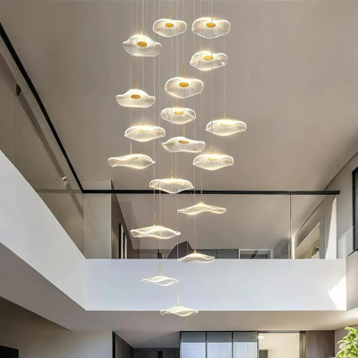 Lustre à haut plafond - Luminaire suspendu à feuille de lotus de luxe à longue spirale linéaire à intensité variable moderne et doré pour vestibule d'entrée d'escalier
