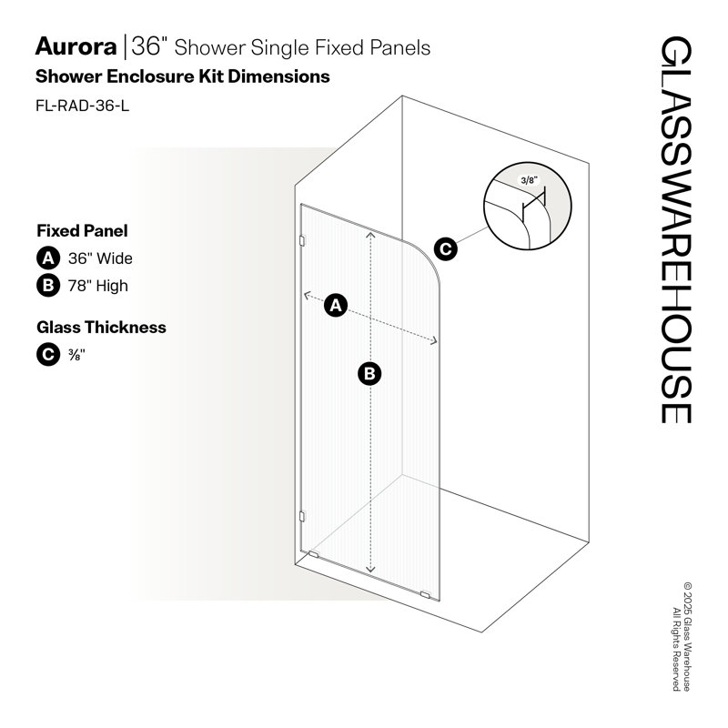 Aurora 36 in. x 78 in. Fully Frameless Fluted Radius Single Fixed Shower Panel, Left Opening, Brushed Bronze