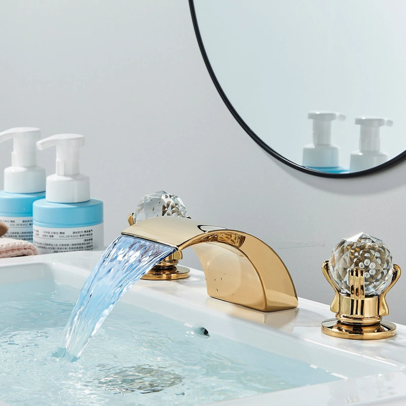 Gold 8-Inch Widespread Bathroom Faucet featuring LED Light and Waterfall Spout, 2 Crystal Handles 3-Hole Vanity Sink Faucet including Supply Hose