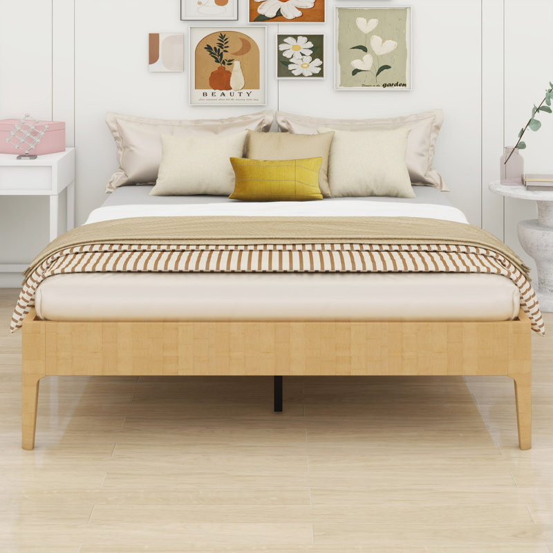 Base de lit plateforme en bois durable avec lattes de bois et support en métal, Naturel