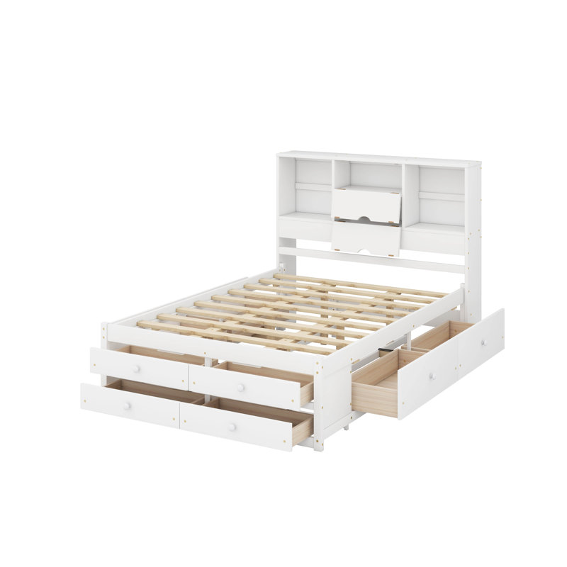 Grand lit plateforme avec tête de lit et tiroirs de rangement, Grand lit, Blanc
