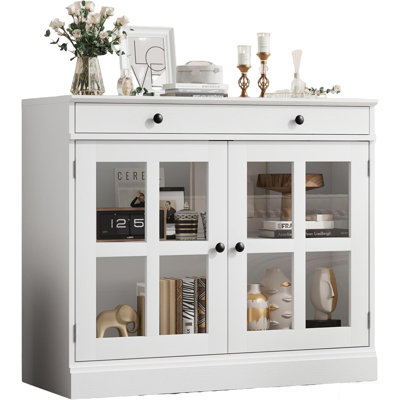 White Sideboard Buffet Cabinet with Glass Doors & Drawer, Wood Coffee Bar for Dining Room