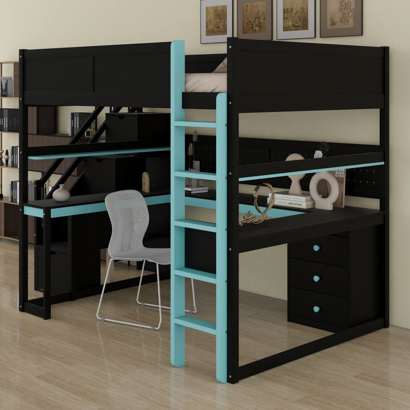 Lit mezzanine en bois avec escalier de rangement, bureau, tablettes et panneau perforé, Bleu, Lit double