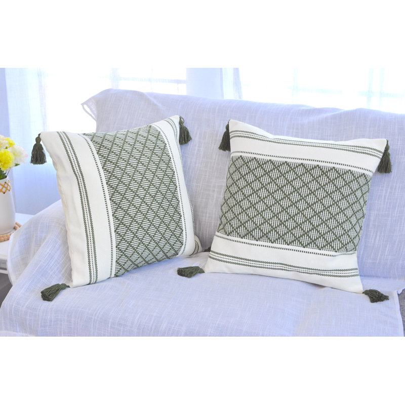 Woven Pillow Covers With Tassels, Geometric Pattern Pillowcases For Outdoor / Indoor (Set of 2), 16" x 16", Green