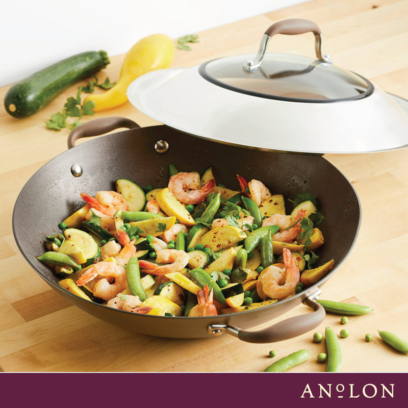 Anolon Advanced Home Hard Anodized Nonstick Wok with Side Handles and Lid, 14 Inch, Brown
