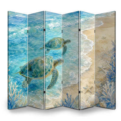 Paravent pliant à 6 panneaux, séparation de pièce, motif de tortues marines royales nageant, turquoise, plage, bord de mer, toile de séparation autoportante, cloison de protection, cloison d'intimité pour salle de bain