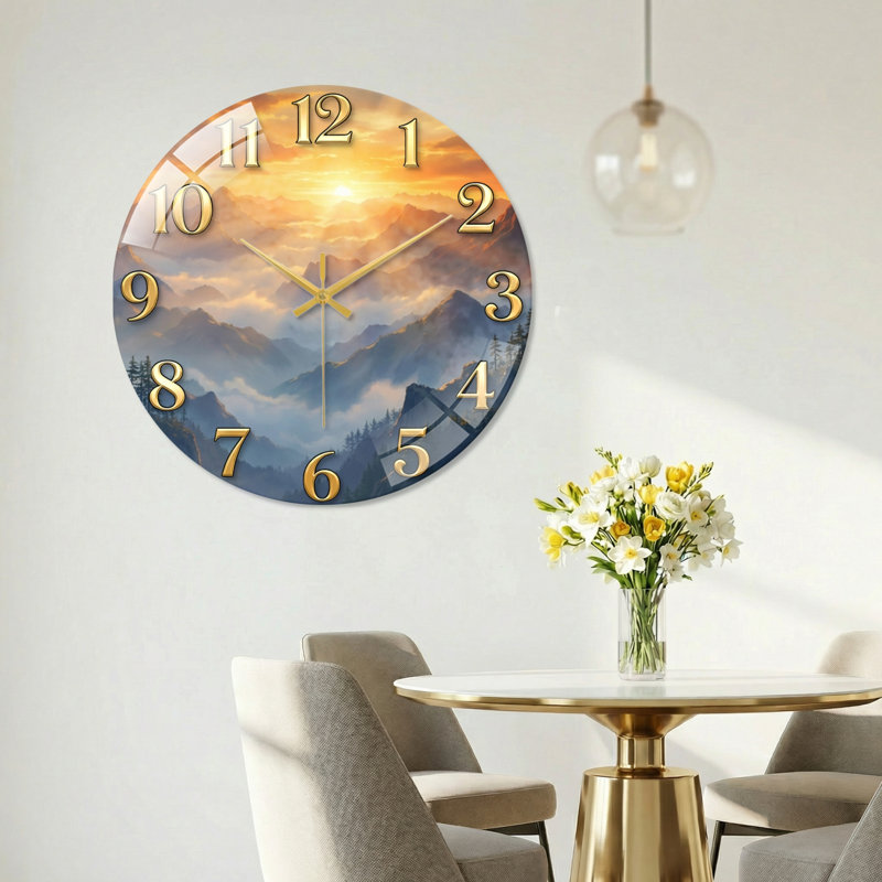 «Mountain Sunrise», horloge murale en verre, 40 x 40 cm (15,7 x 15,7 pouces)