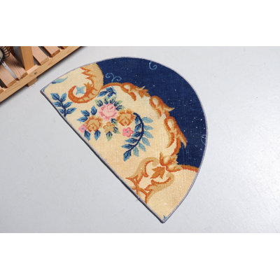 Vintage Turkish Oushak Small Round Rug - Blue Tribal Door Mat Carpet for Oriental Decor