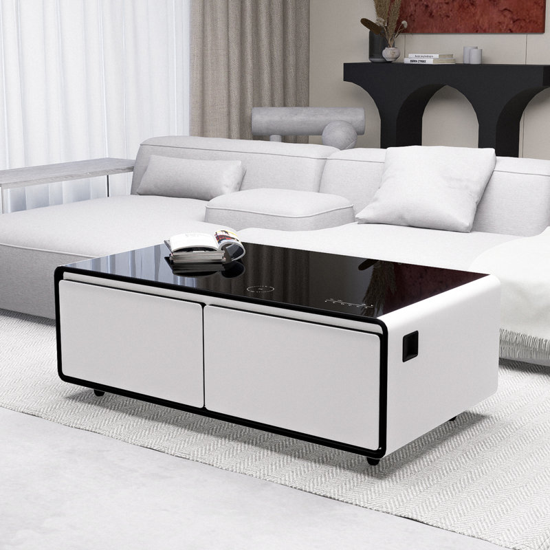 Table basse intelligente avec deux tiroirs réfrigérés et haut-parleurs Bluetooth avec éclairage RVB et chargement sans fil