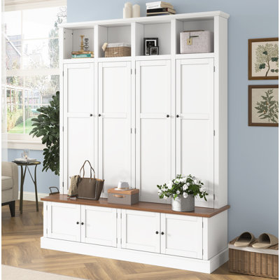 Arbre d'entrée 76,7 po avec banc et armoire, banc d'entrée 4 en 1 avec portemanteau, organisateur de rangement de vestibule moderne avec casiers ouverts et crochets pour le couloir, l'entrée et le salon