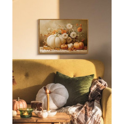 Vintage Thanksgiving Canvas Print White Orange Pumpkins Autumn Floral Leaves,12x16"