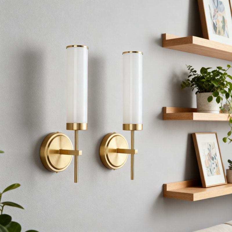 Modern Wall Sconces Set Of 2 With Opal White Glass Shade, 16 Inch Gold Wall Lighting For Bathroom Mirror, Bedroom, Living Room, Corridor And Stairs, Hardwired Installation, Uses E26 Bulb