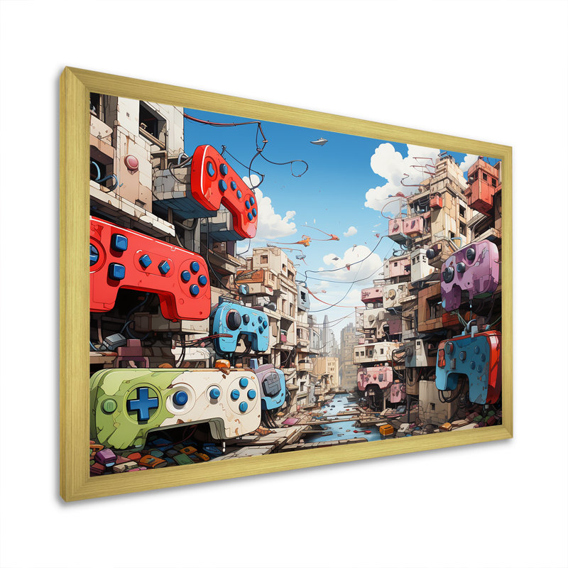 Pop Gaming Controllers Dreamscape - Art mural de jeux vidéo, Cadre doré à coins fermés, H 16 po x l 32 po x P 1 po