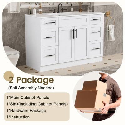 Meuble-lavabo autoportant blanc de 47,83 po avec lavabo SMC intégré, 6 tiroirs à fermeture en douceur, 2 portes et façades cannelées
