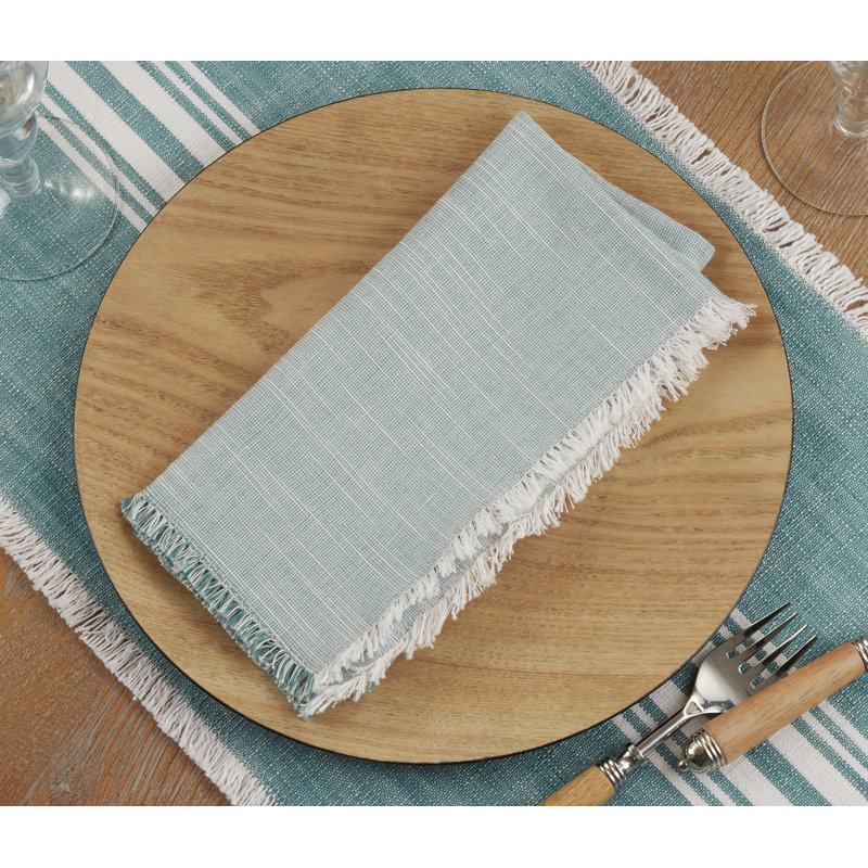Turquoise Cotton Napkins with Fringe Edges, Set of 4
