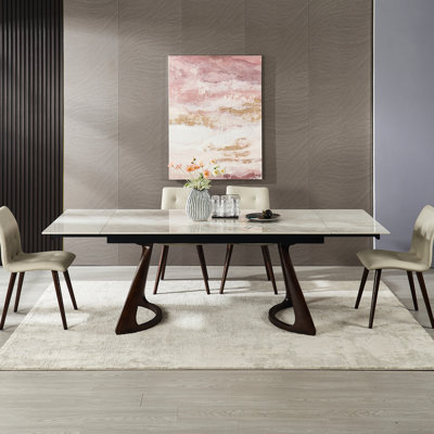Table rétractable, 8 à 10 sièges, 63 po à 94,48 po, chaleur, pierre frittée, base en métal et en bois massif, sièges de maison extensibles 10, pieds en peuplier rayé