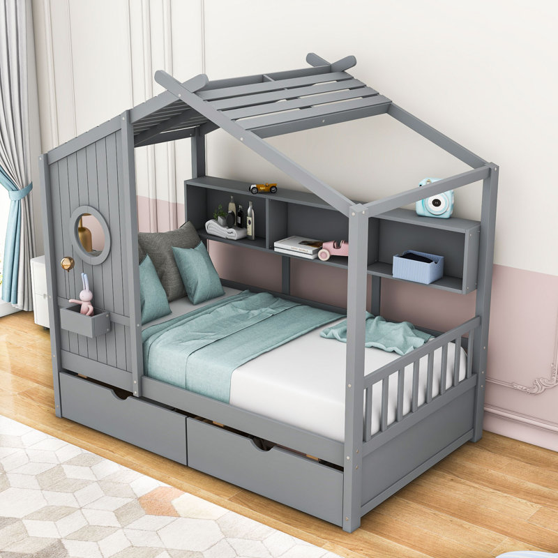 Wood Daybed with 2 Drawers and Shelves, Gray, Twin