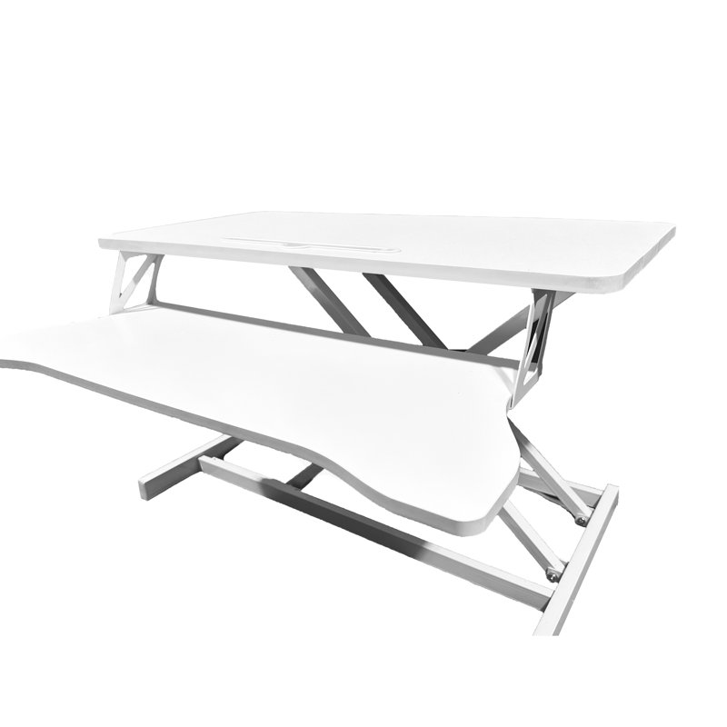 Bureau assis-debout réglable de 81 cm (32 pouces) pour deux écrans et ordinateur portable, blanc, avec un large plateau de clavier et un convertisseur de hauteur, idéal pour les configurations d'ordinateur portable, large base