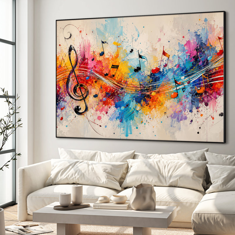 Très grand art mural imprimé sur tissu - Notes de musique colorées orange, décoration de salle de jeu contemporaine - "Assemblage requis (cadre non fini)"