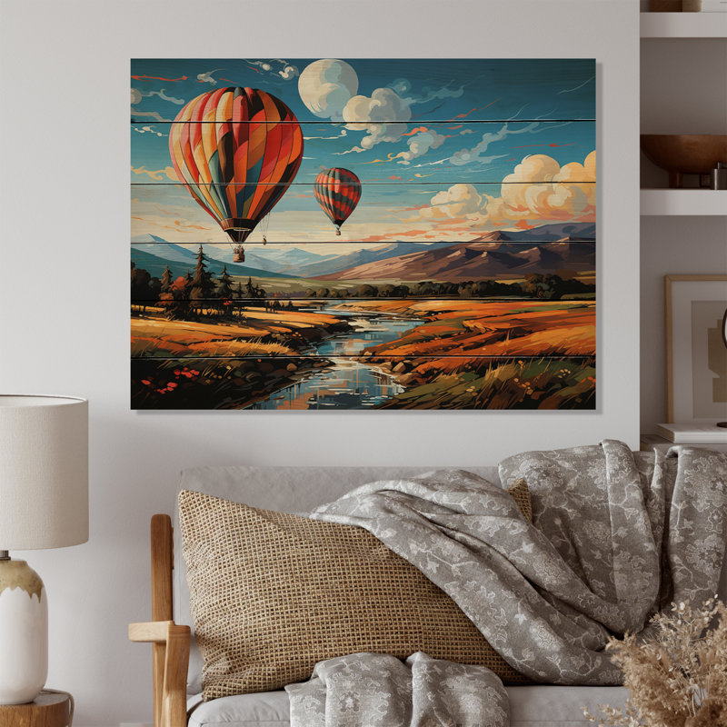 «Orange Hot Air Ballon Bold Landscape I» sur impression sur bois, H 24 po x l 32 po x P 0,78 po