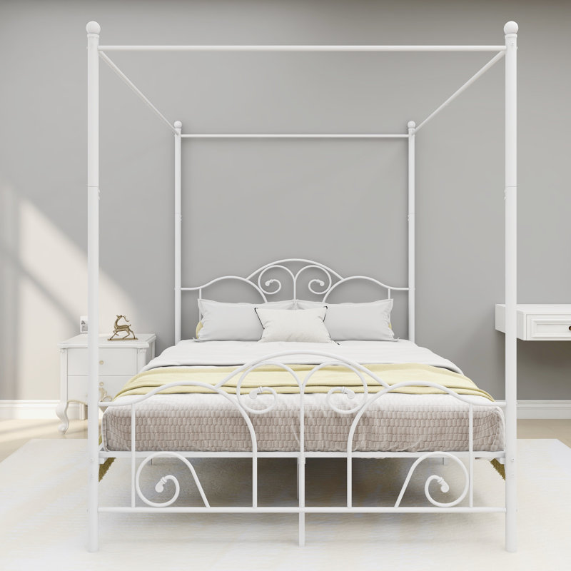 Canopy Metal Bed Frame, White, Queen
