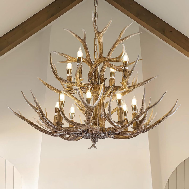 Lustre en bois de cerf, grand plafonnier en bois de corne de cerf rustique à 2 niveaux pour maison, bar, foyer (8 + 4 bras de lampe)