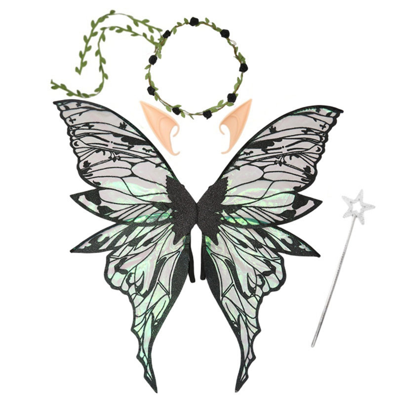 4Pcs Cute Flower Crown Fairy Costume Set, Star Wand Elf Ears Fairy Butterfly Wings Dress-Up, Gold Foil Sparkling Angel Wings