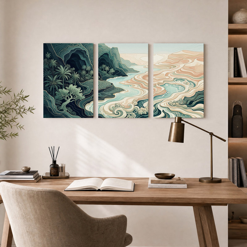 Ensemble de 3 toiles murales représentant une rivière sinueuse traversant une jungle topographique et du sable