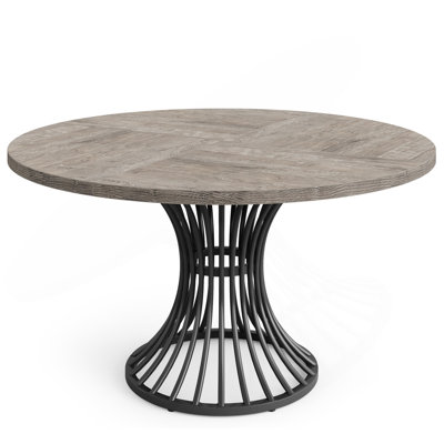 47" Farmhouse Round Dining Table For 4-6 – Industrial Dinner Table With Hourglass Metal Pedestal Base, Large Kitchen & Dining Room Table, Modern Rustic Style – Grey Wood Finish (Table Only)