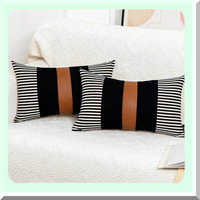 Farmhouse Stripe Leather Accent Pillow Set - Modern Boho Patchwork Cushion Cover - Black Decorative Sofa Bed Case - Set of 2