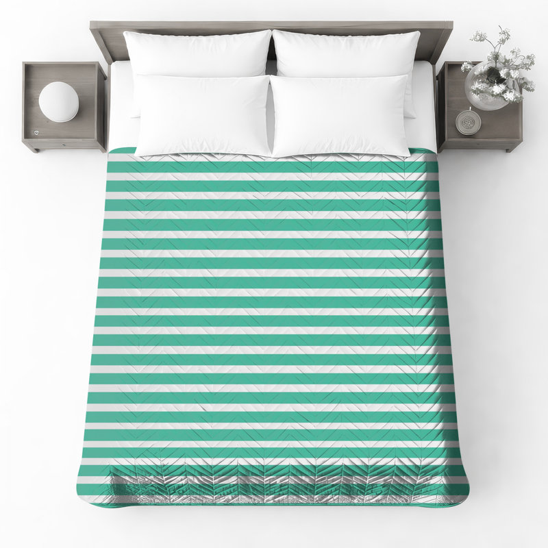 Couvre-lit matelassé à rayures turquoise et blanches , Grand lit