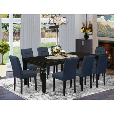 L'ensemble 9 pièces de table de salle à manger contient une table de cuisine et 8 chaises de cuisine Parson en polyester bleu marine foncé avec dossier élégant - finition noire