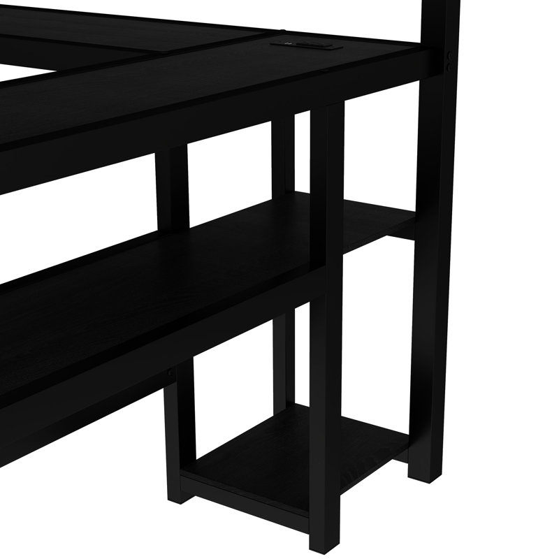Lit superposé simple / noir en métal noir avec bureau, tablettes et - plusieurs options de placement, garde supérieur, assemblage facile par-dessus un lit simple, lumières à DEL, cadre de rangement, utilisation de l'espace 3D, conception sécuritaire