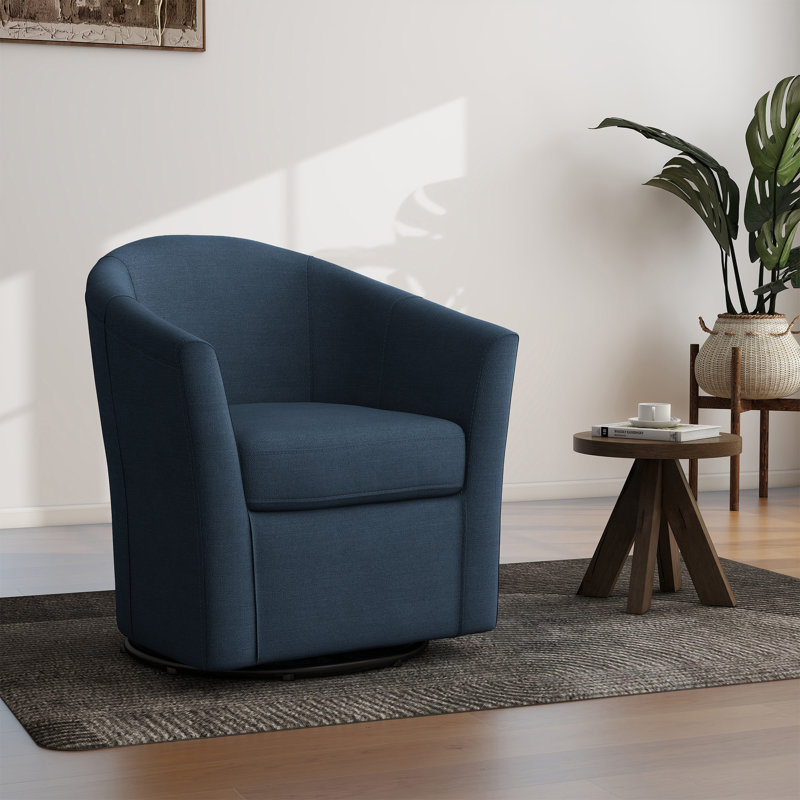 Fauteuil demi-tonneau pivotant rembourré Aunna, Mélange de lin bleu