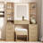 43.5 Inch Fluted Makeup Vanity Desk With Mirror, Lights, And Charging Station, Modern Glass Top With 10 Drawers And 2 Transparent Cabinets, Oak-1023729382