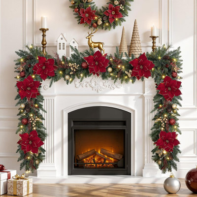 6FT Prelit Christmas Garland with Multi-Color LED Lights, Battery-Operated Timer, Includes Flower Ball & Poinsettia for Mantle Fireplace Indoor Outdoor Xmas Decor, Red and Gold, 6 FT