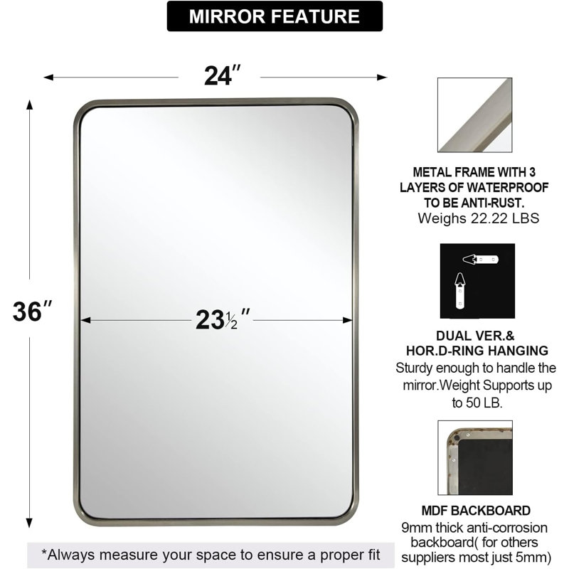 Contemporary Rectangle Bathroom Vanity Mirror | Stainless Steel Thick Frame, Brushed Nickel, 36" x 24"