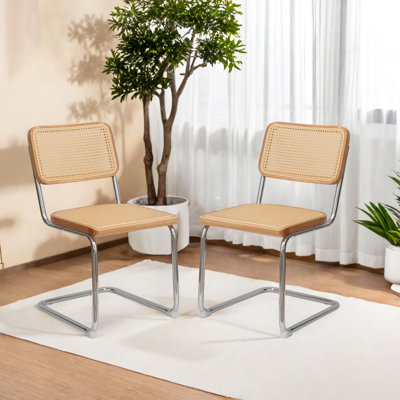 Mid-Century Breuer Dining Chairs Set Of 2 – Rattan Back & Seat, Chrome Metal Frame, Stackable Accent Chairs For Dining Room, Kitchen, And Living Room