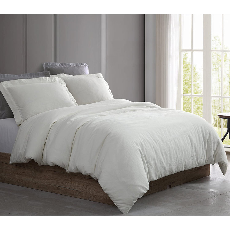 Washed Linen Cotton Blend 3-Piece Duvet Cover Set, Queen Comforter + 2 Standard Shams, Ivory