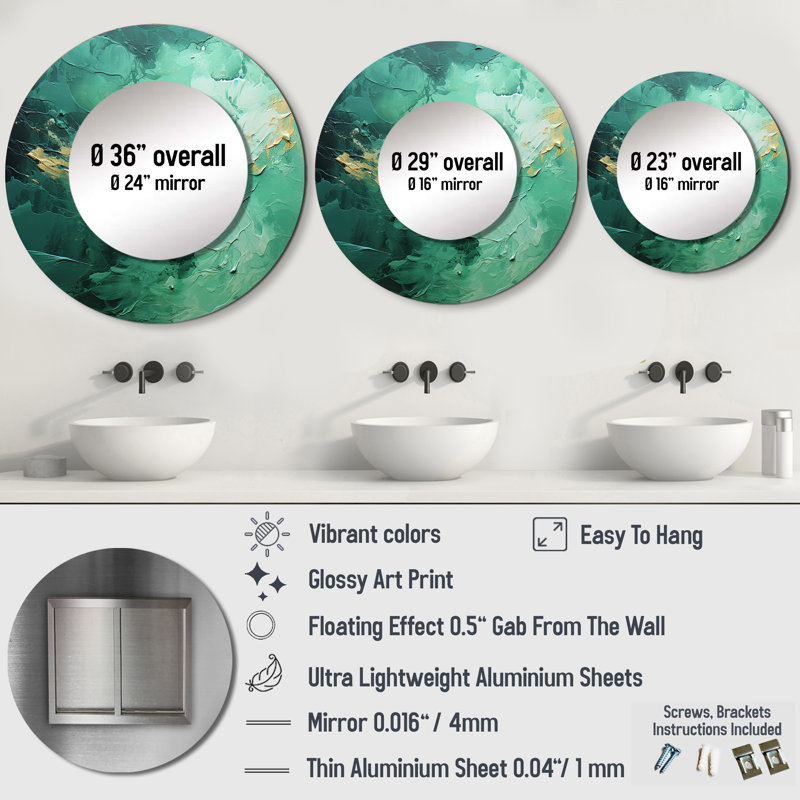 Emerald Euphoria I - miroir de paysage, miroir mural rond vert unique, impression d'art en métal, 23 po x 23 po