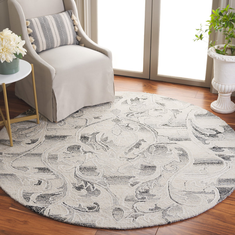 Codd Hand Tufted Wool/Cotton Floral Rug in Grey/Ivory, Round 6'