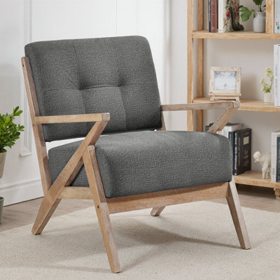 Chaise d'appoint rembourrée moderne gris foncé avec dossier capitonné et structure en bois d'hévéa massif
