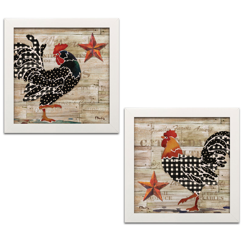 «Farmhouse Kitchen Décor Rooster & Barnstar» par Paul Brent - ensemble de 2 impressions d'art graphique, Cadre blanc