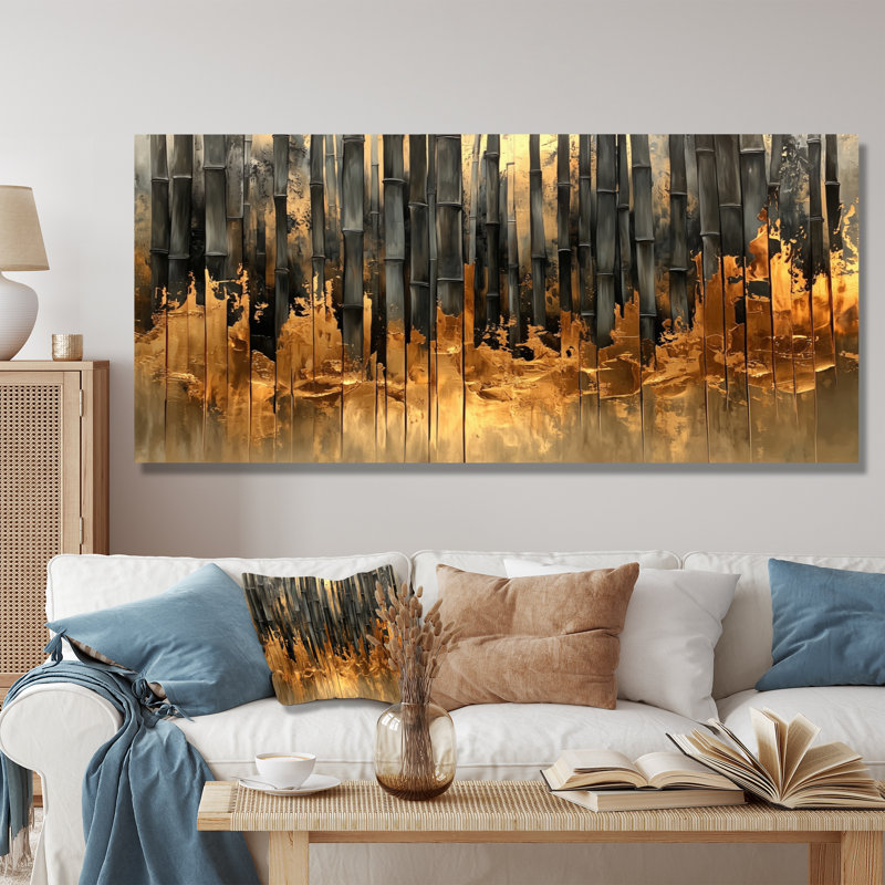 Golden Arashiyama Bamboo River I - art mural en bambou, H 28 po x l 60 po, Toile tendue, Ne s’applique pas