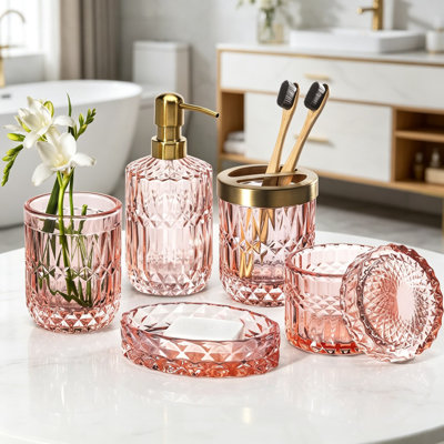 Ensemble d'accessoires de salle de bain 6 pièces de qualité supérieure - Distributeur de savon en verre trempé lourd, porte-brosse à dents, gobelet, porte-savon et pot de coton-tige avec accents en acier inoxydable pour un décor moderne